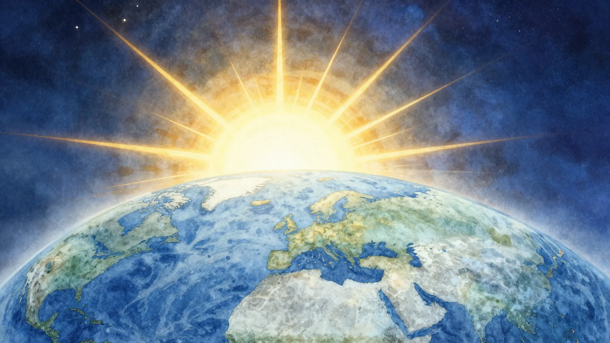 Watercolor style. A bright sun rising over the horizon of a ...