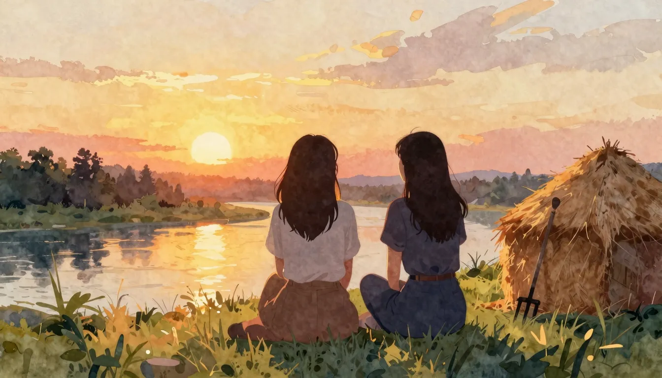 Vibrant watercolor style. Two female silhouettes watching a ...