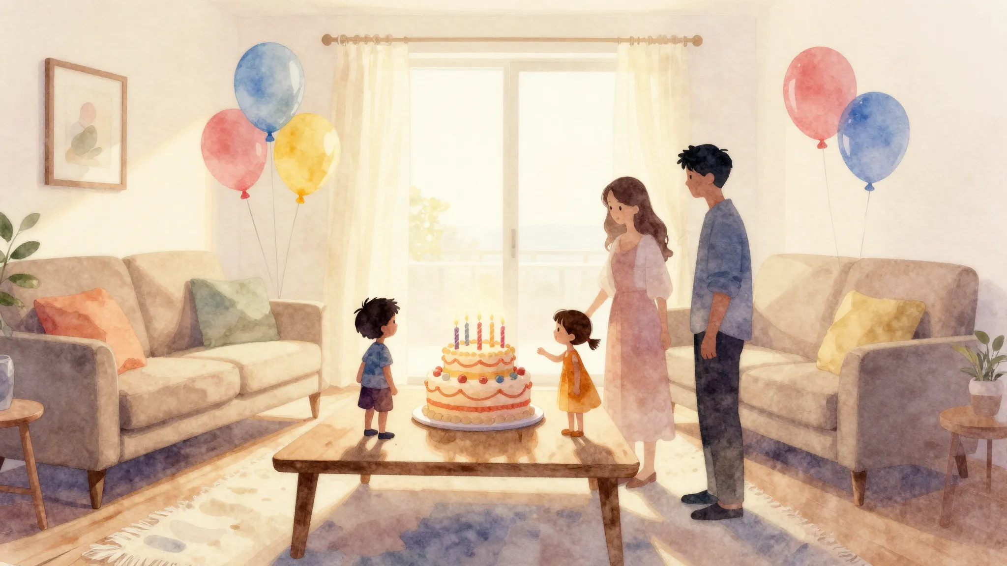Watercolor style. A cozy living room with a birthday cake on...
