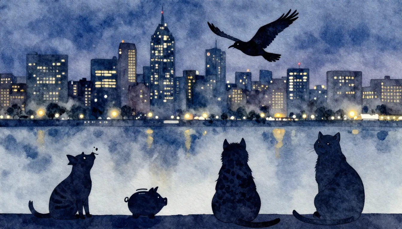 Watercolor style. A silhouette of a bird flying over a city ...