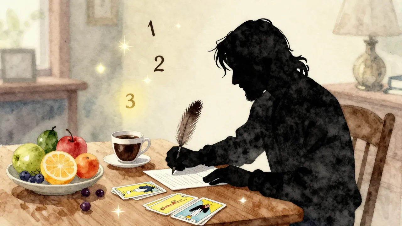 Watercolor style. Silhouette of a poet writing with a quill,...