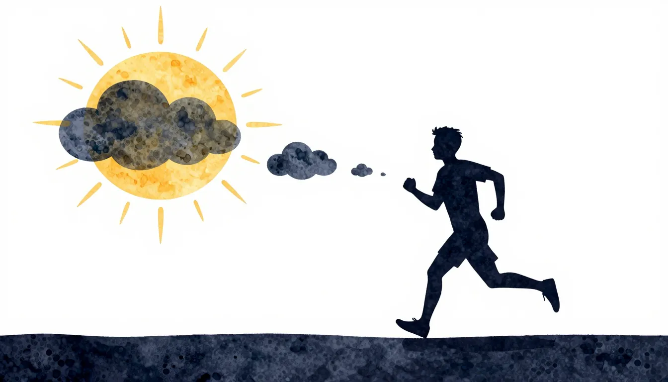 Watercolor style. A dark silhouette running towards a bright...