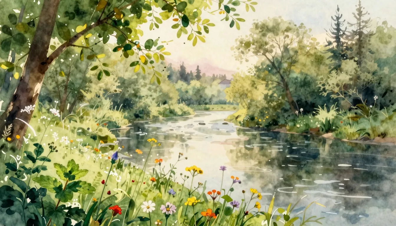 Vibrant watercolor style. A serene morning landscape by a ri...