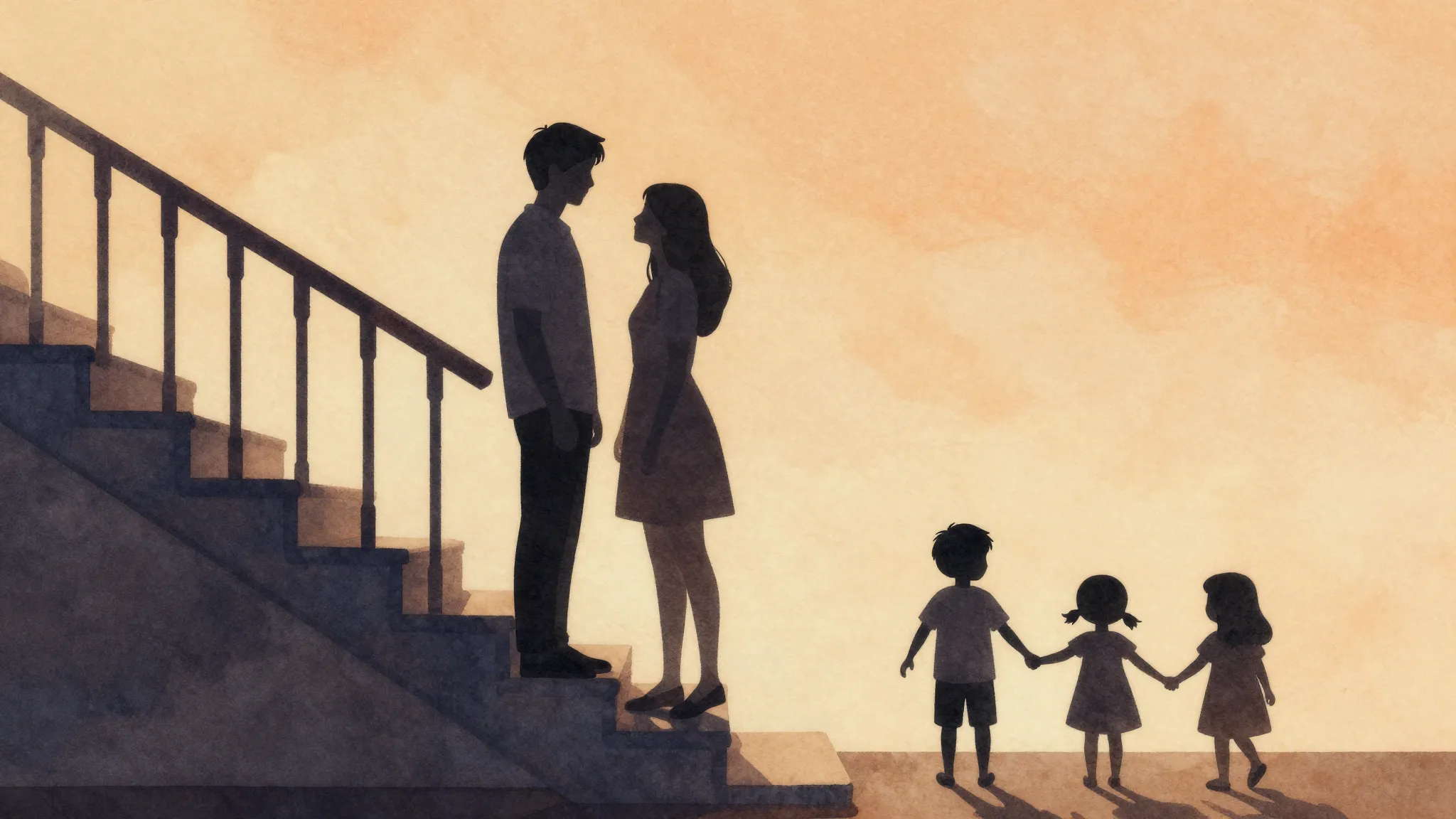 Watercolor style. Silhouette of a couple standing on a stair...