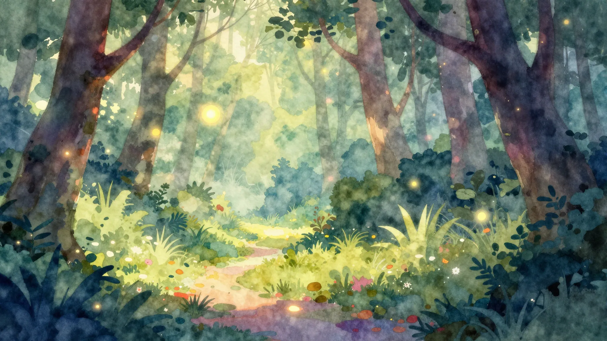 Vibrant watercolor style. A surreal, dreamlike landscape ins...