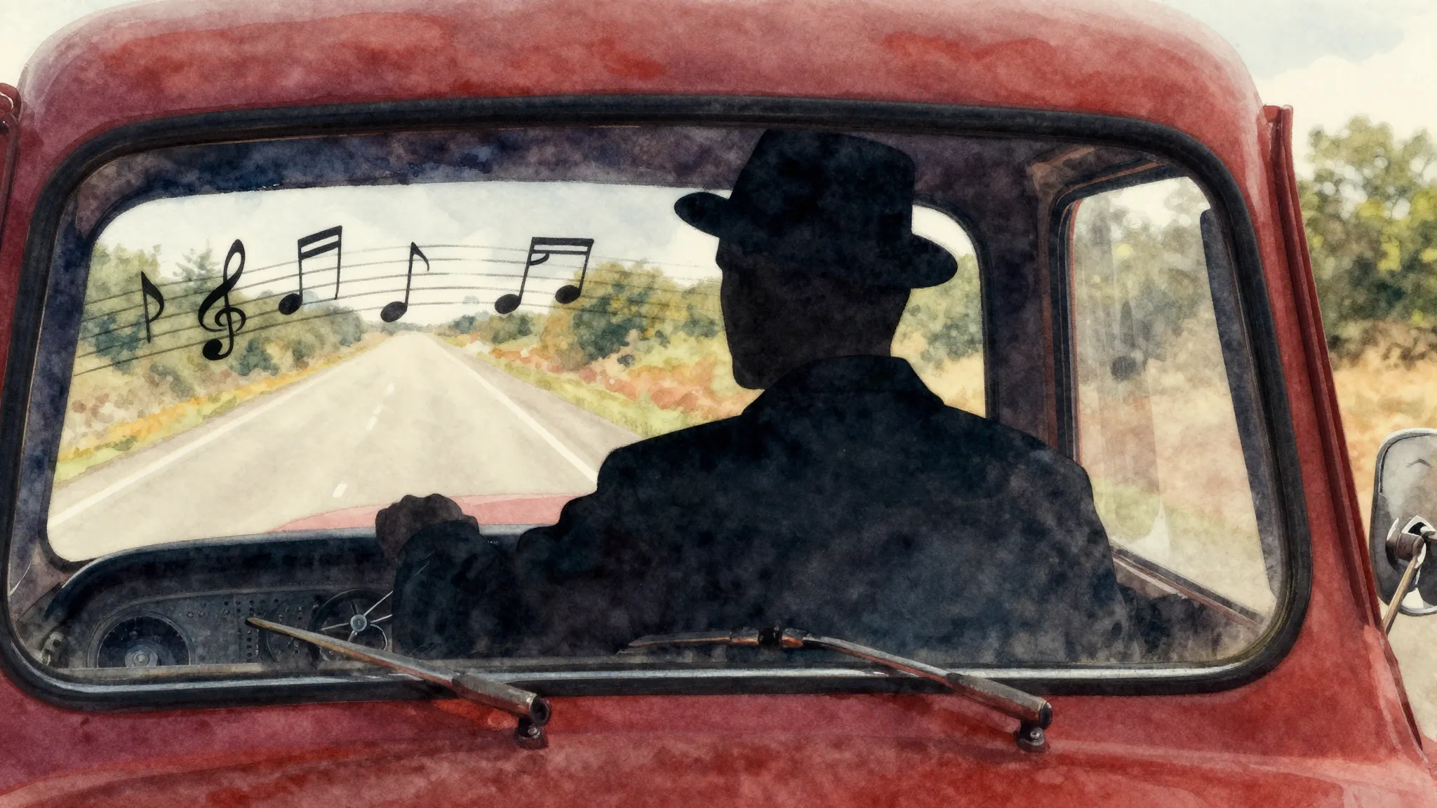 Vibrant watercolor style. Vintage jazz album cover, a silhou...