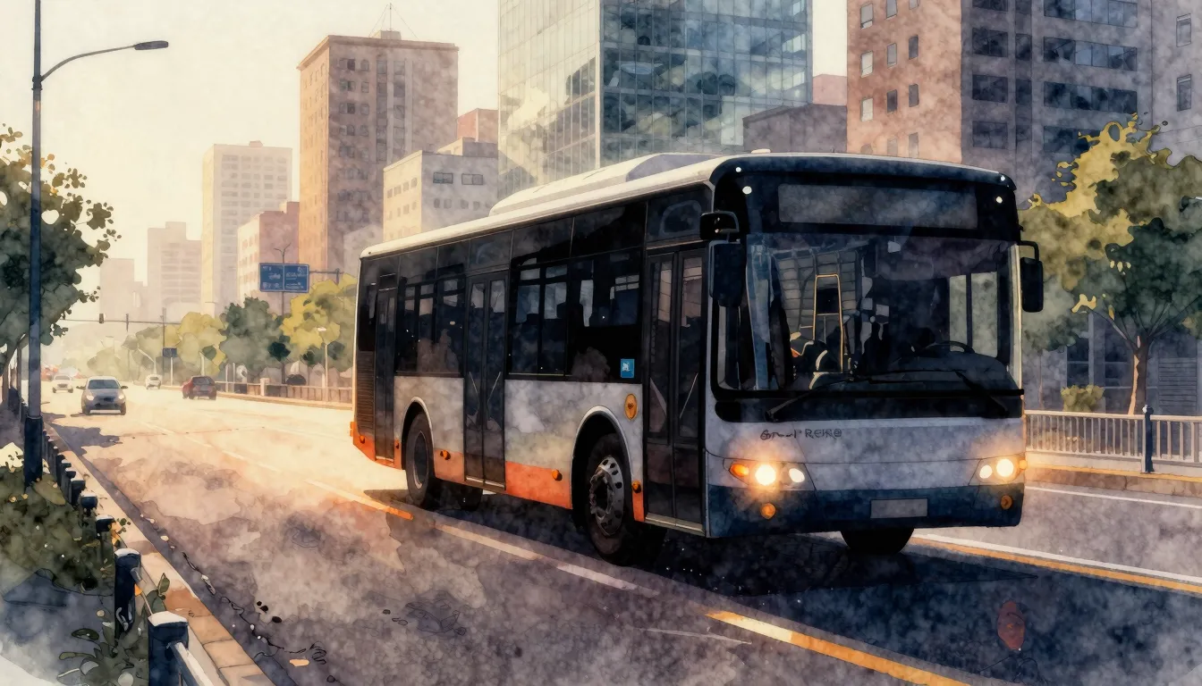 Watercolor style. Silhouette of a bus driving on a hot city ...