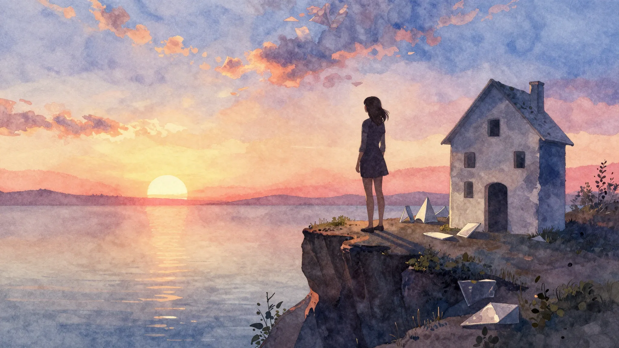Vibrant watercolor style. A silhouette of a woman standing o...