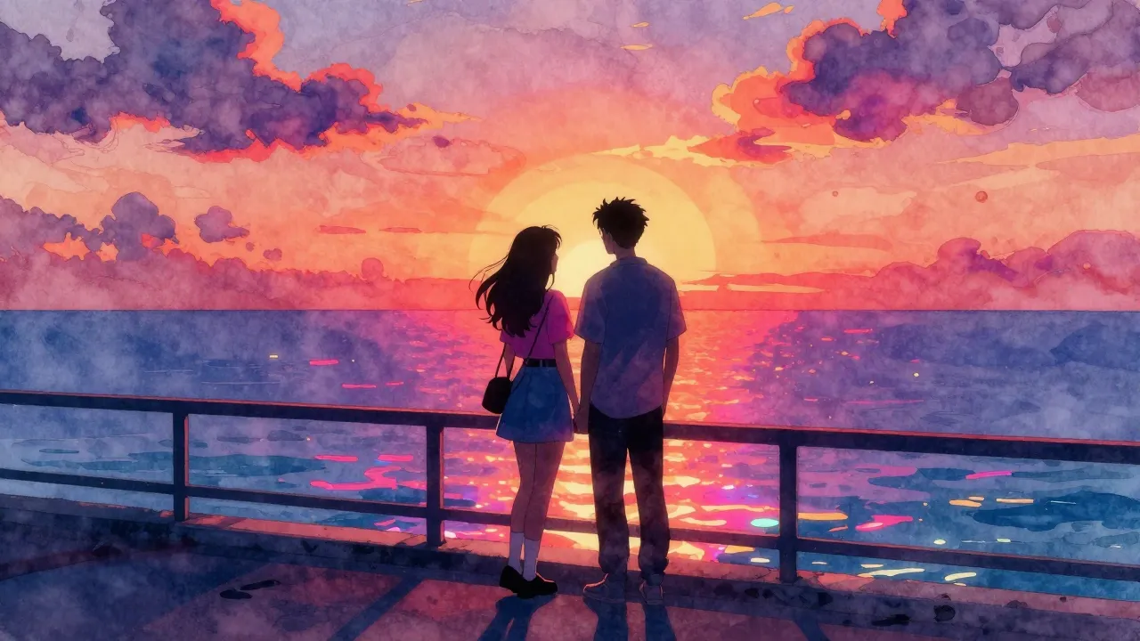 Vibrant watercolor style. 90s synth-pop aesthetic, a romanti...