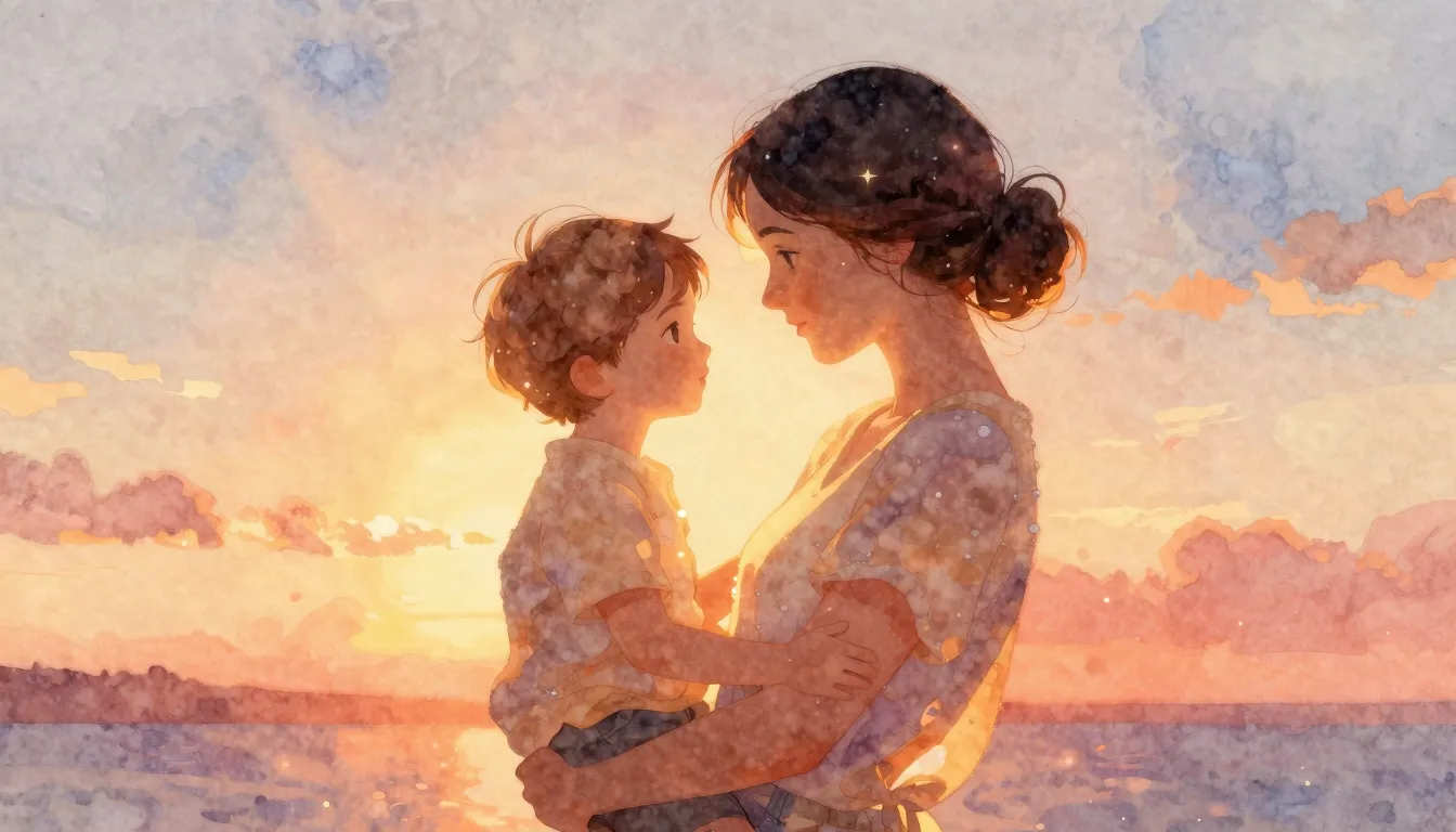 Watercolor style. A warm glowing silhouette of a mother and ...