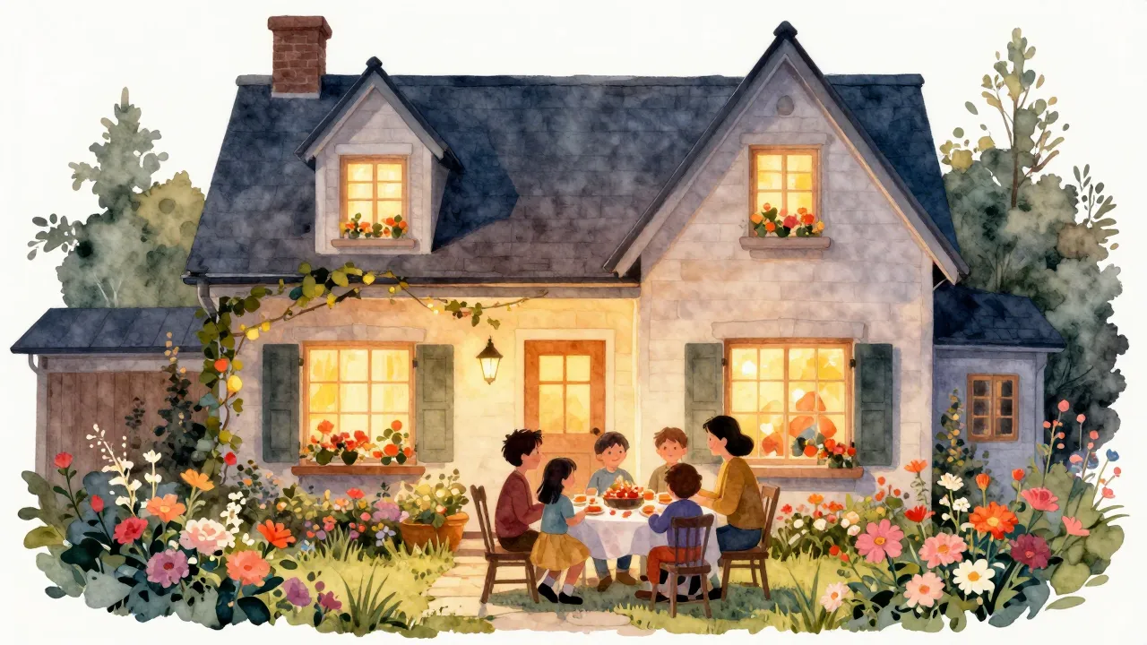 Watercolor style. A beautiful cozy house with a blooming flo...