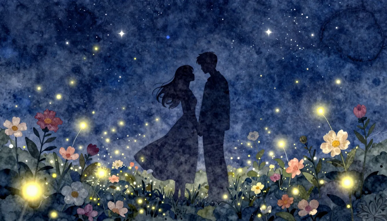 Watercolor style. A romantic silhouette of a couple standing...
