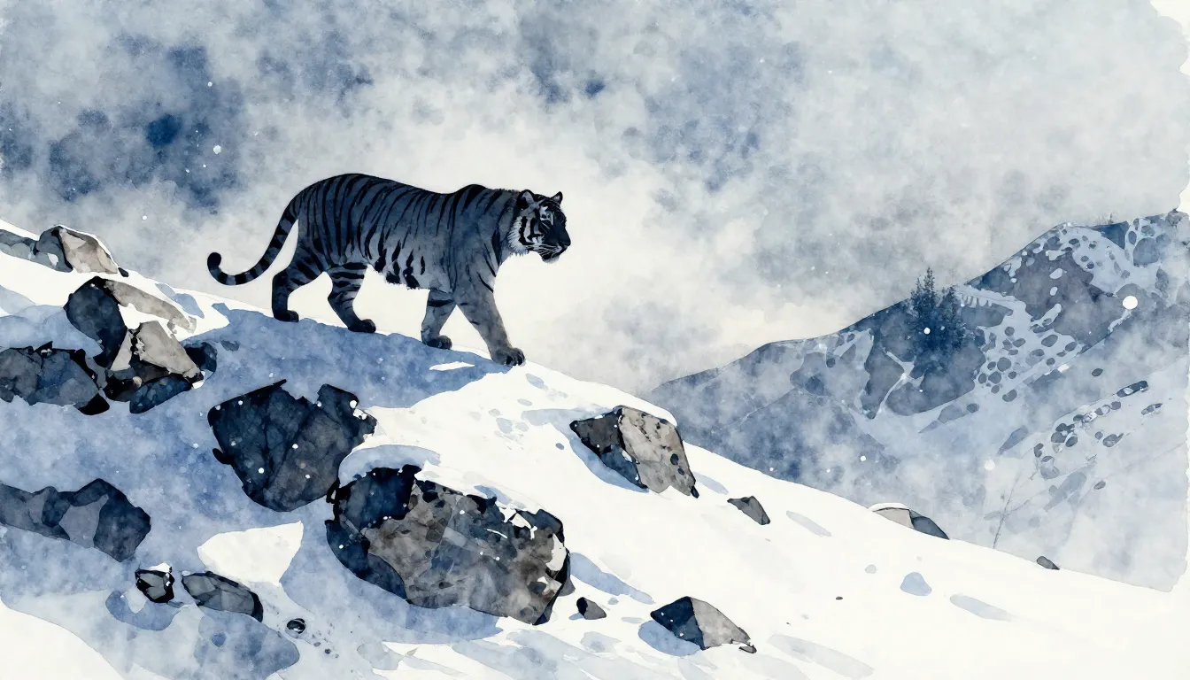 Vibrant watercolor style. A silhouette of a tiger on a snowy...