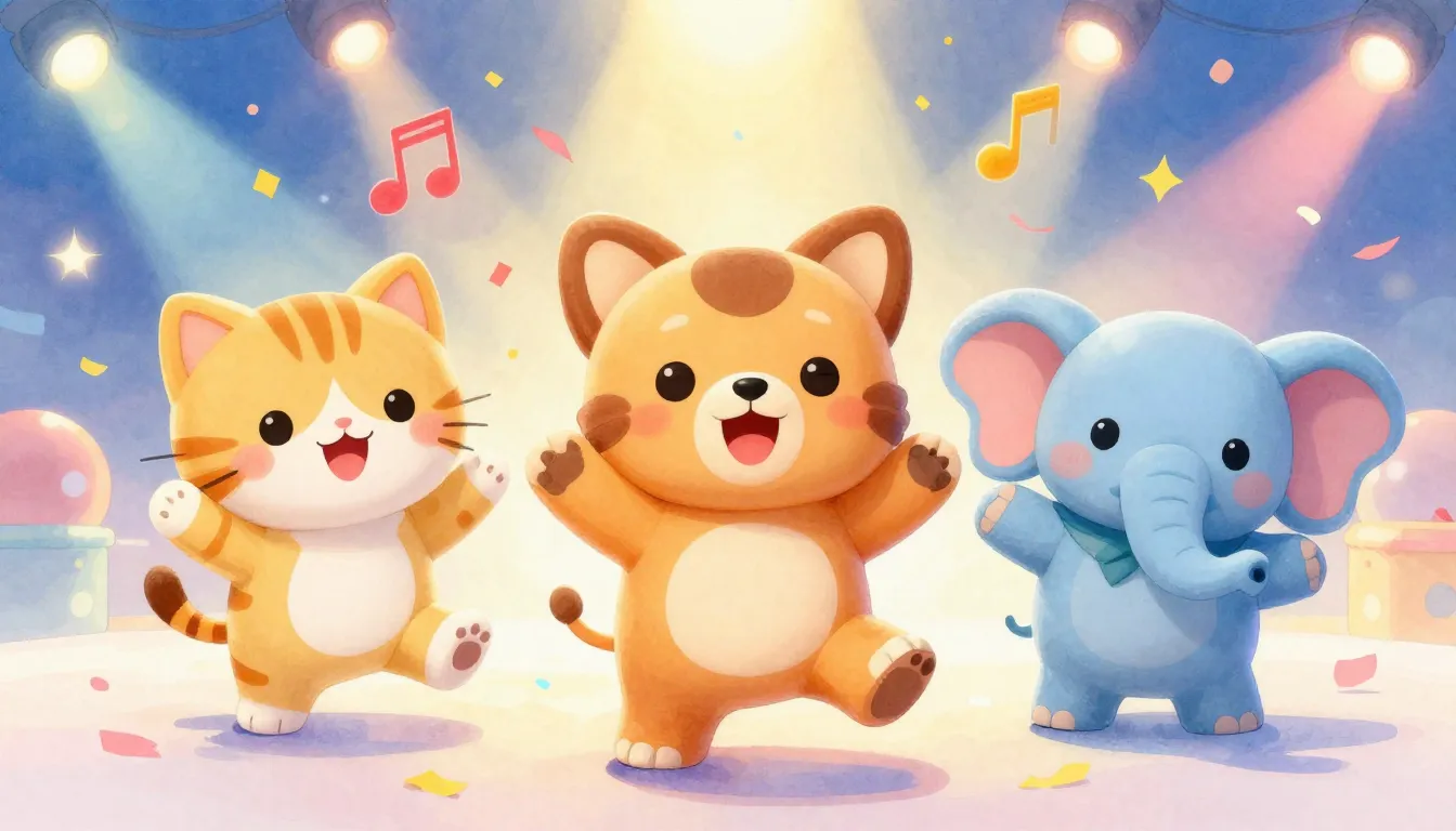 Vibrant watercolor style. Colorful 3D cartoon animal parade,...