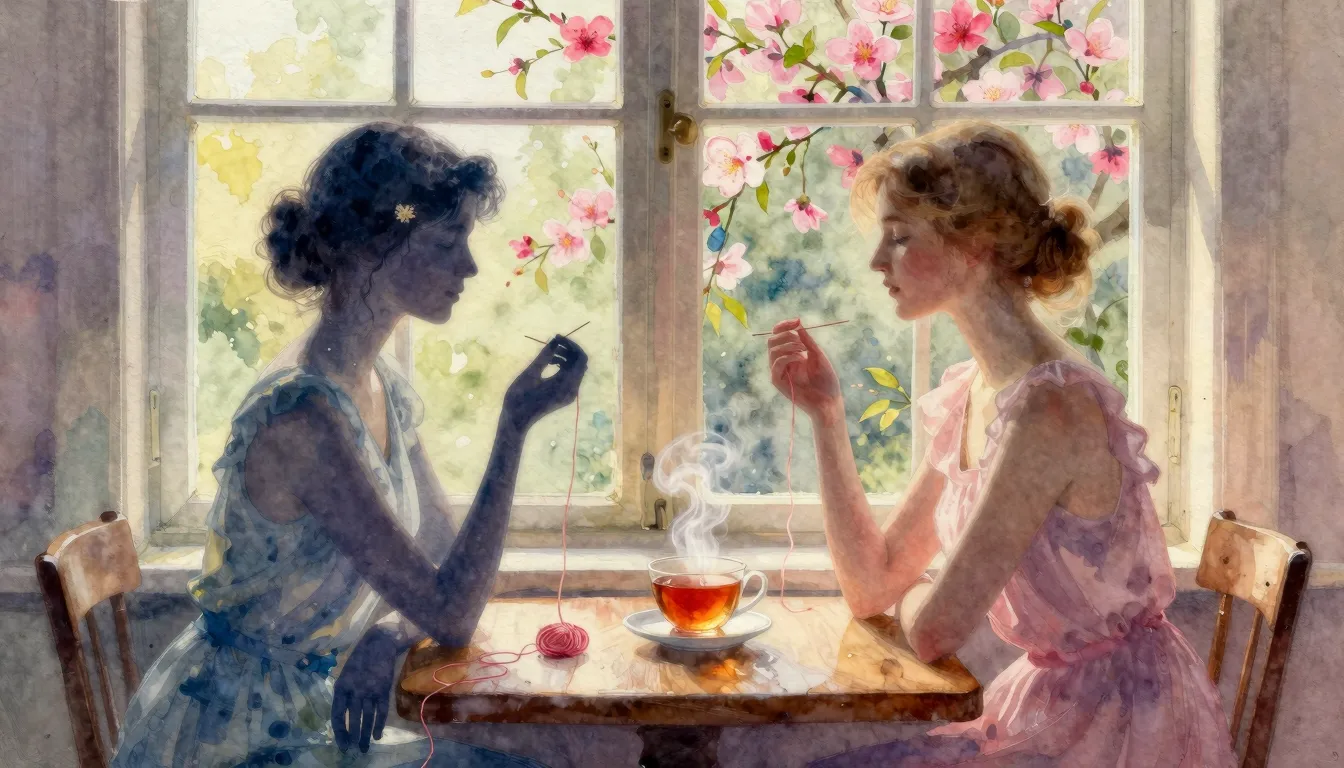 Vibrant watercolor style. Two elegant female silhouettes sit...