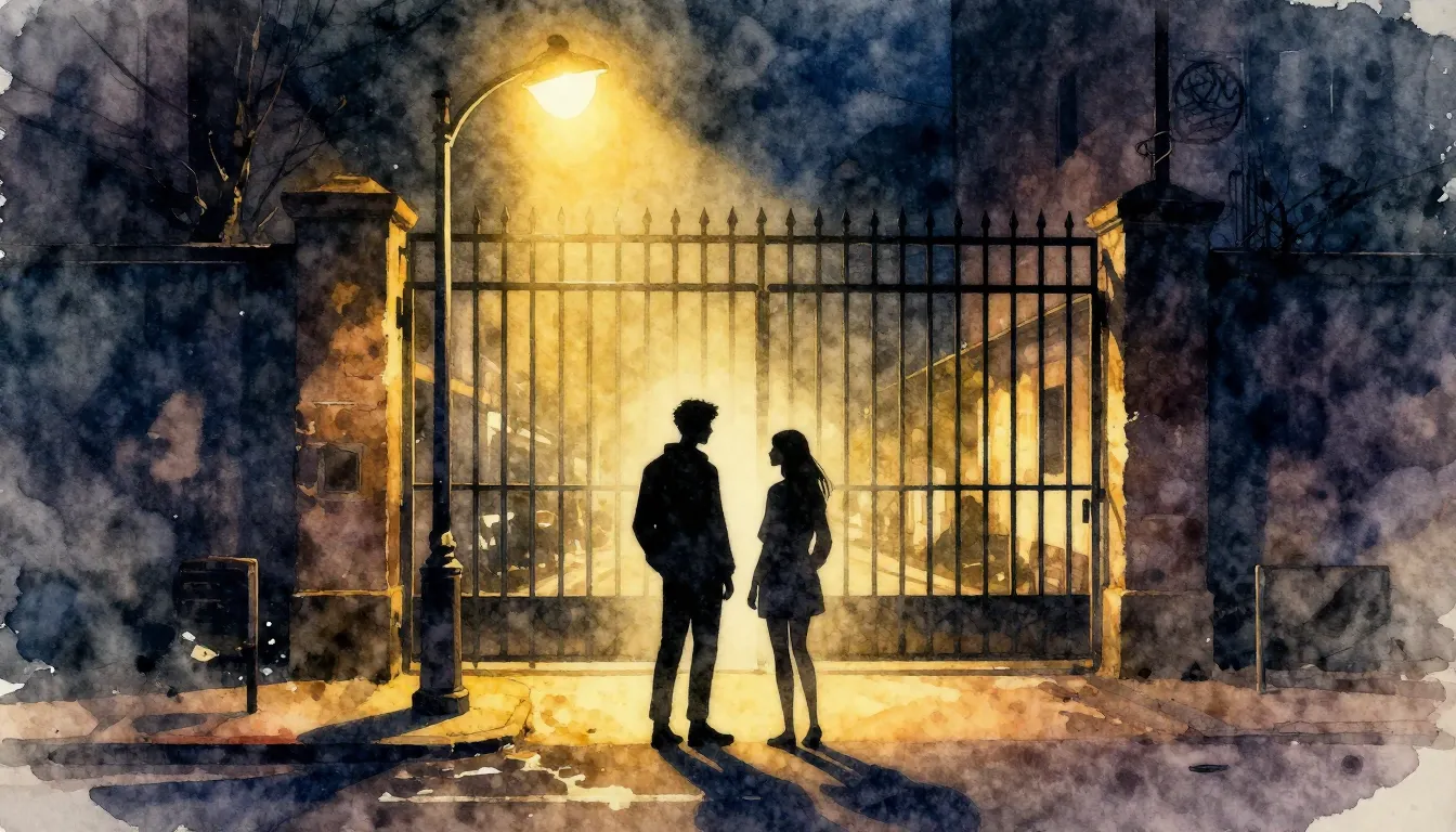 Vibrant watercolor style. A dark urban street at night, a si...
