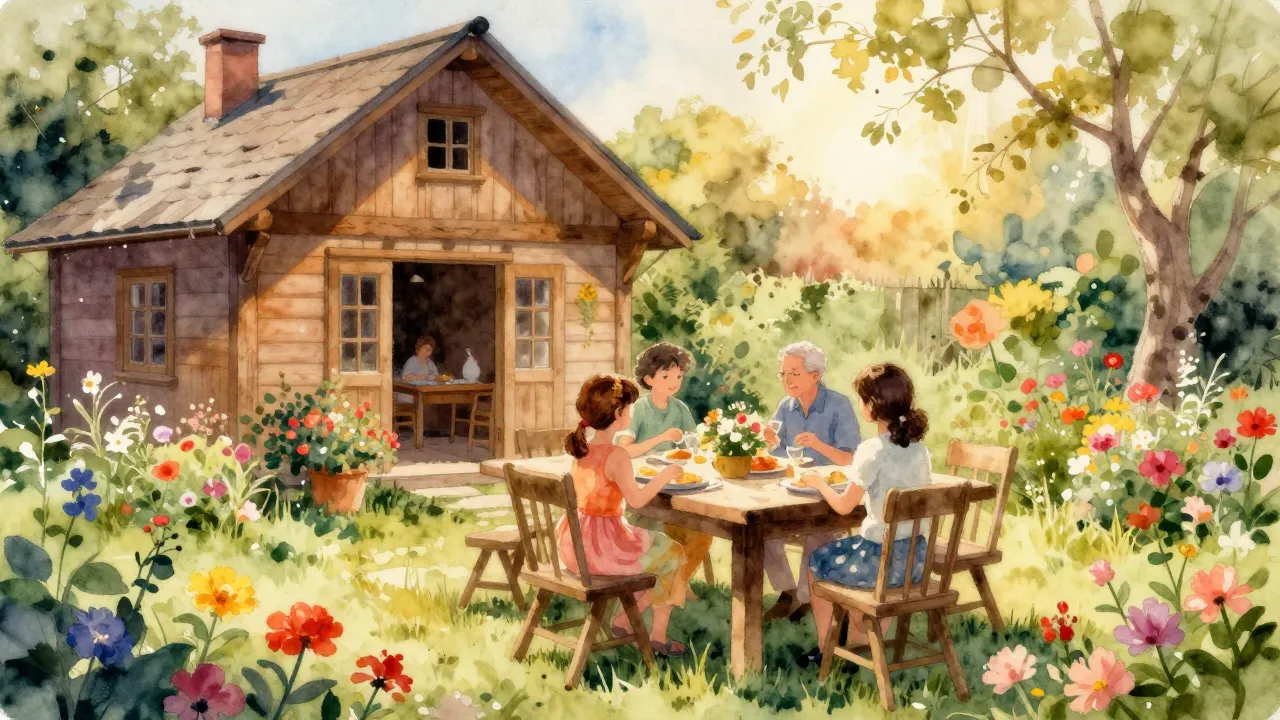 Vibrant watercolor style. A cozy, sunlit summer garden scene...