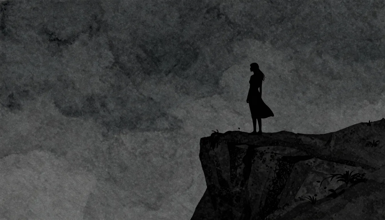 Watercolor style. A silhouette of a woman standing alone on ...