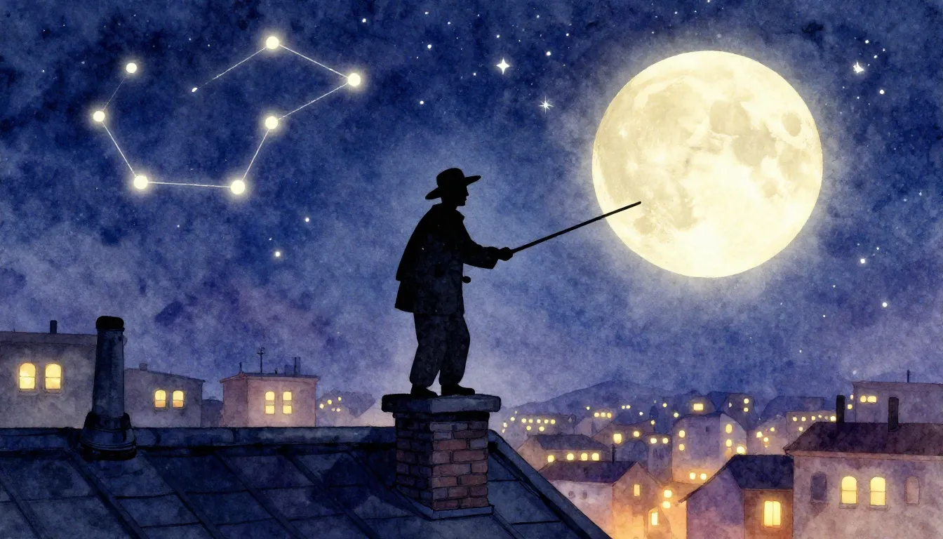 Vibrant watercolor style. A silhouette of a chimney sweep on...