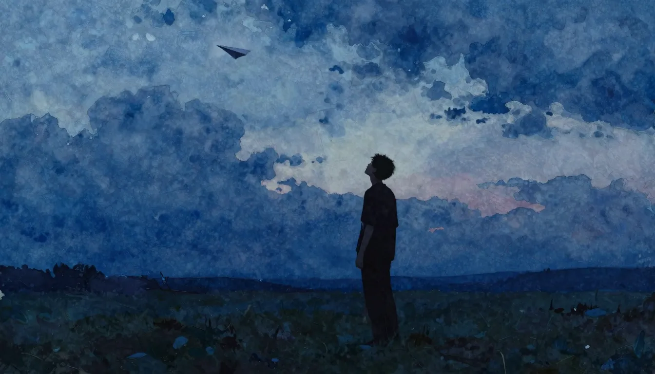 Vibrant watercolor style. A lonely silhouette of a young man...