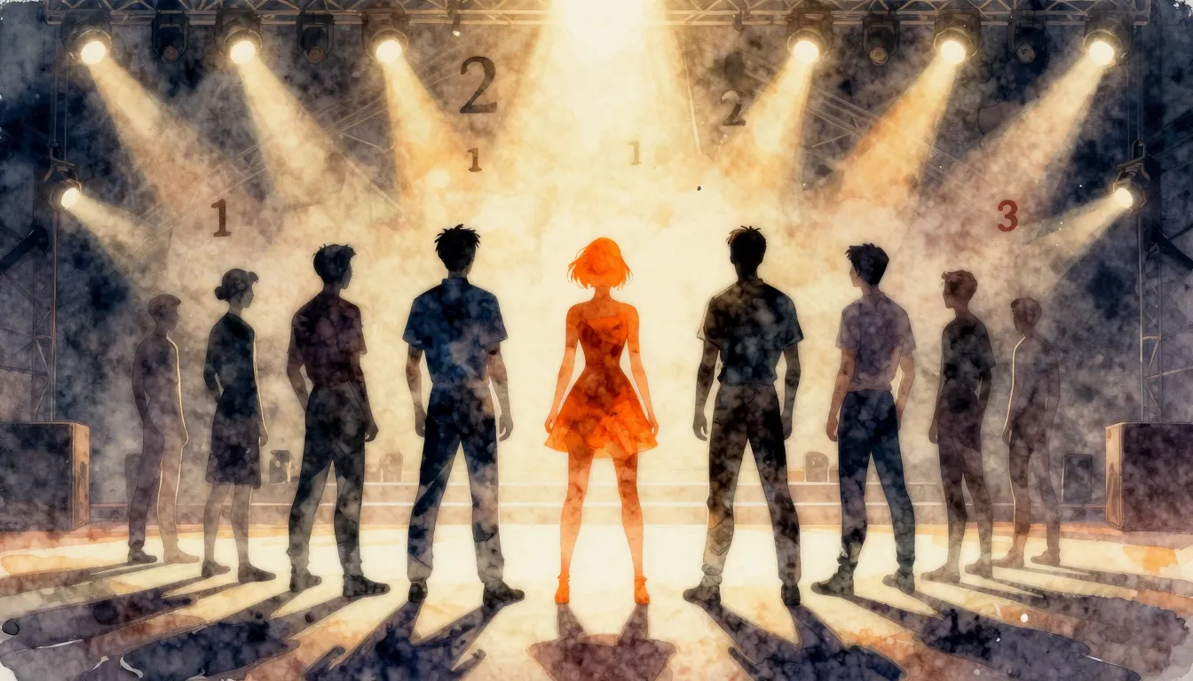 Watercolor style. 8 male silhouettes and 1 female silhouette...