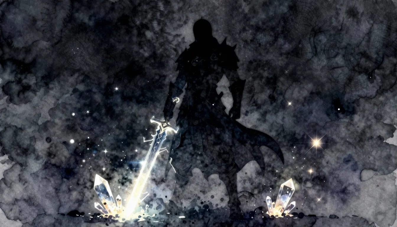 Watercolor style. Silhouette of a fantasy warrior holding a ...