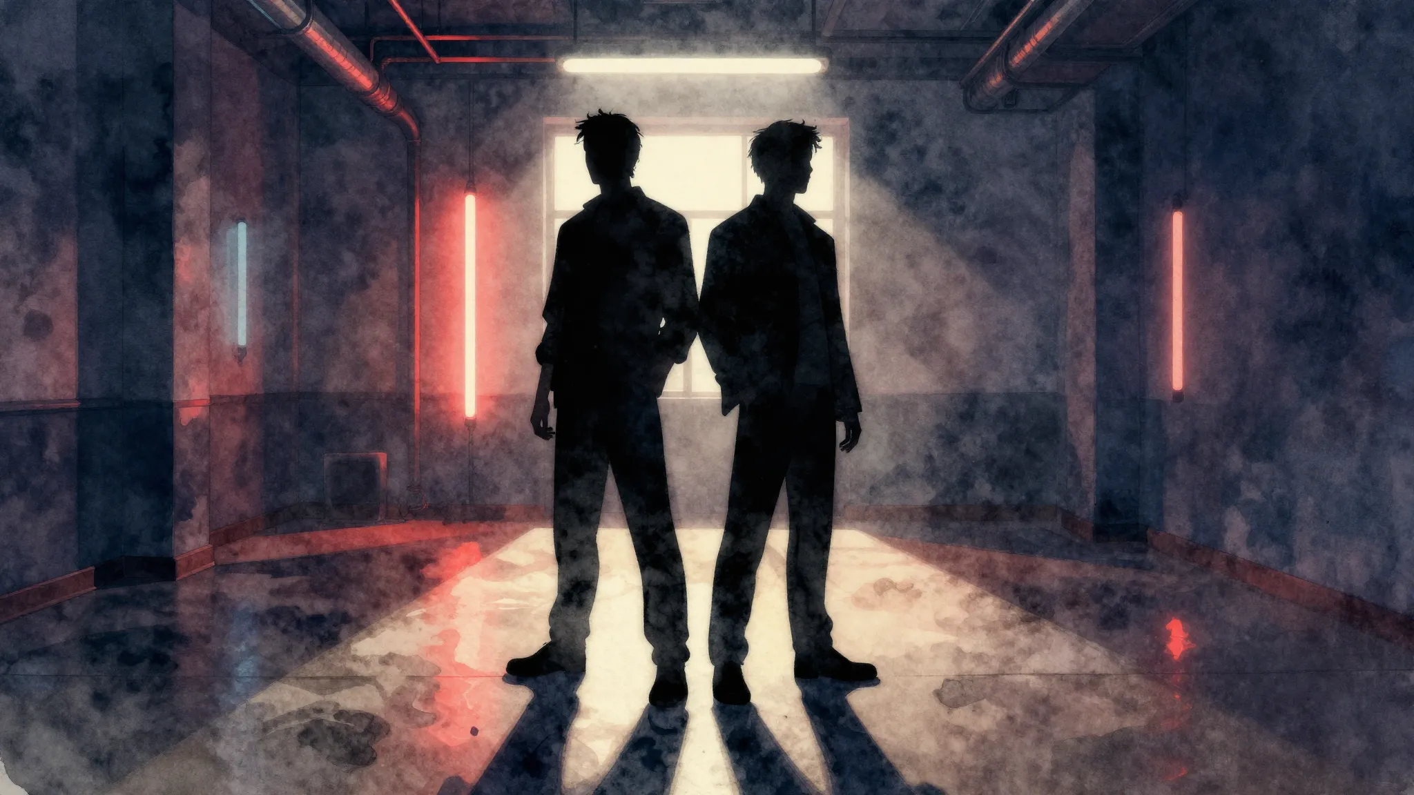 Watercolor style. Two silhouettes standing back to back in a...