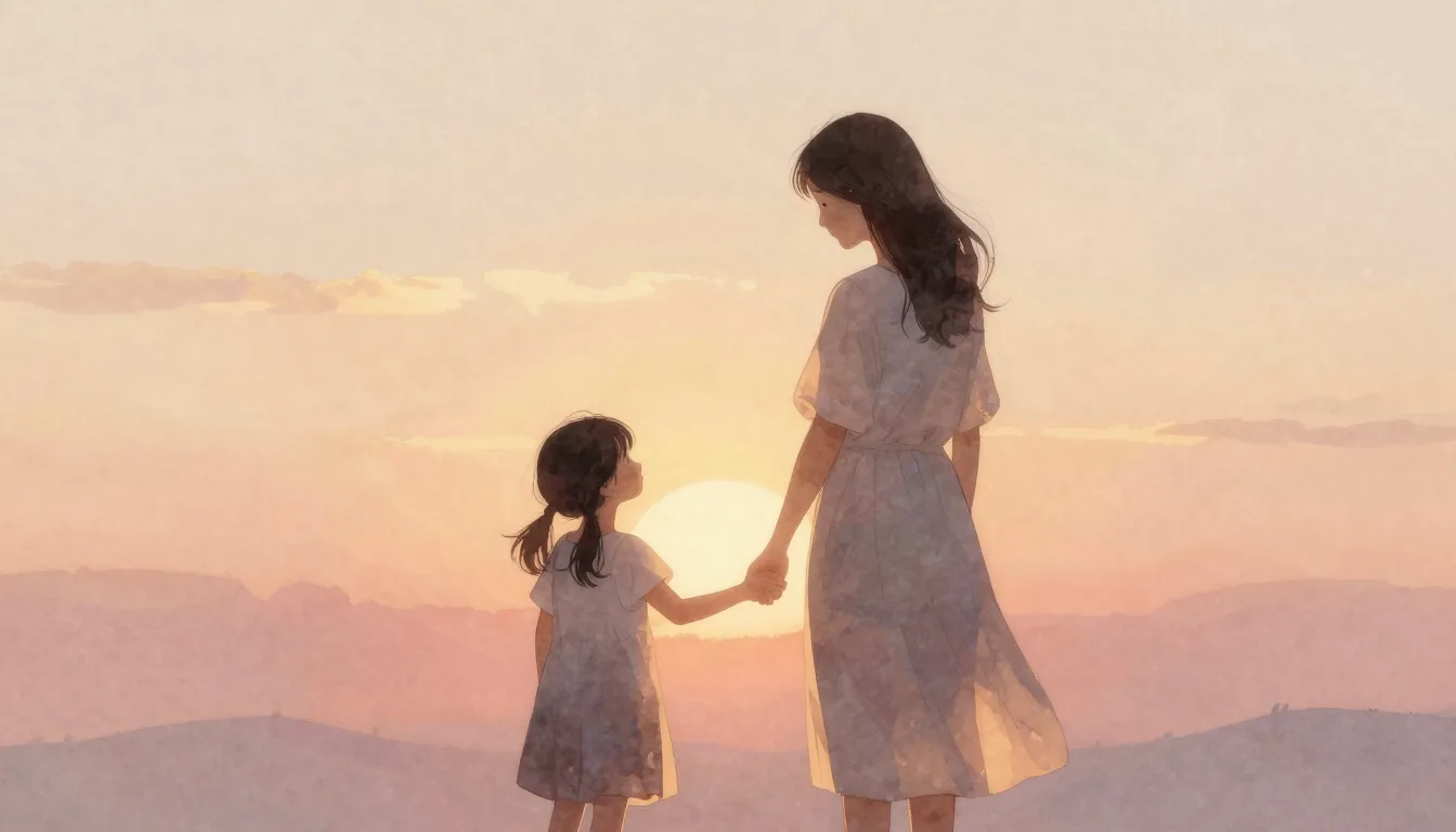 Watercolor style. A gentle silhouette of a mother and daught...