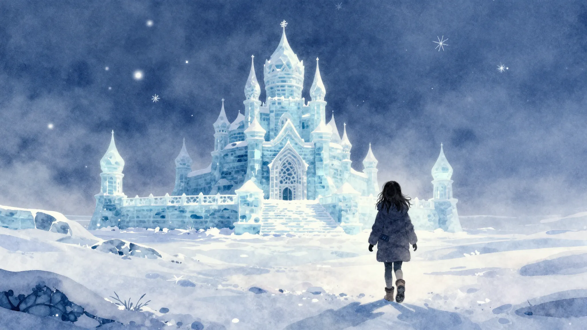 Watercolor style. A silhouette of a small girl walking throu...
