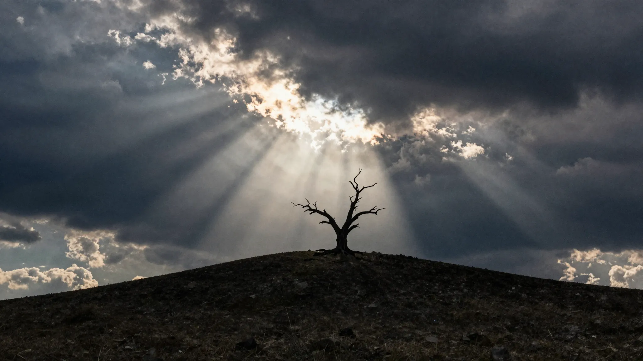 Watercolor style. Dramatic dark sky over a high hill, silhou...