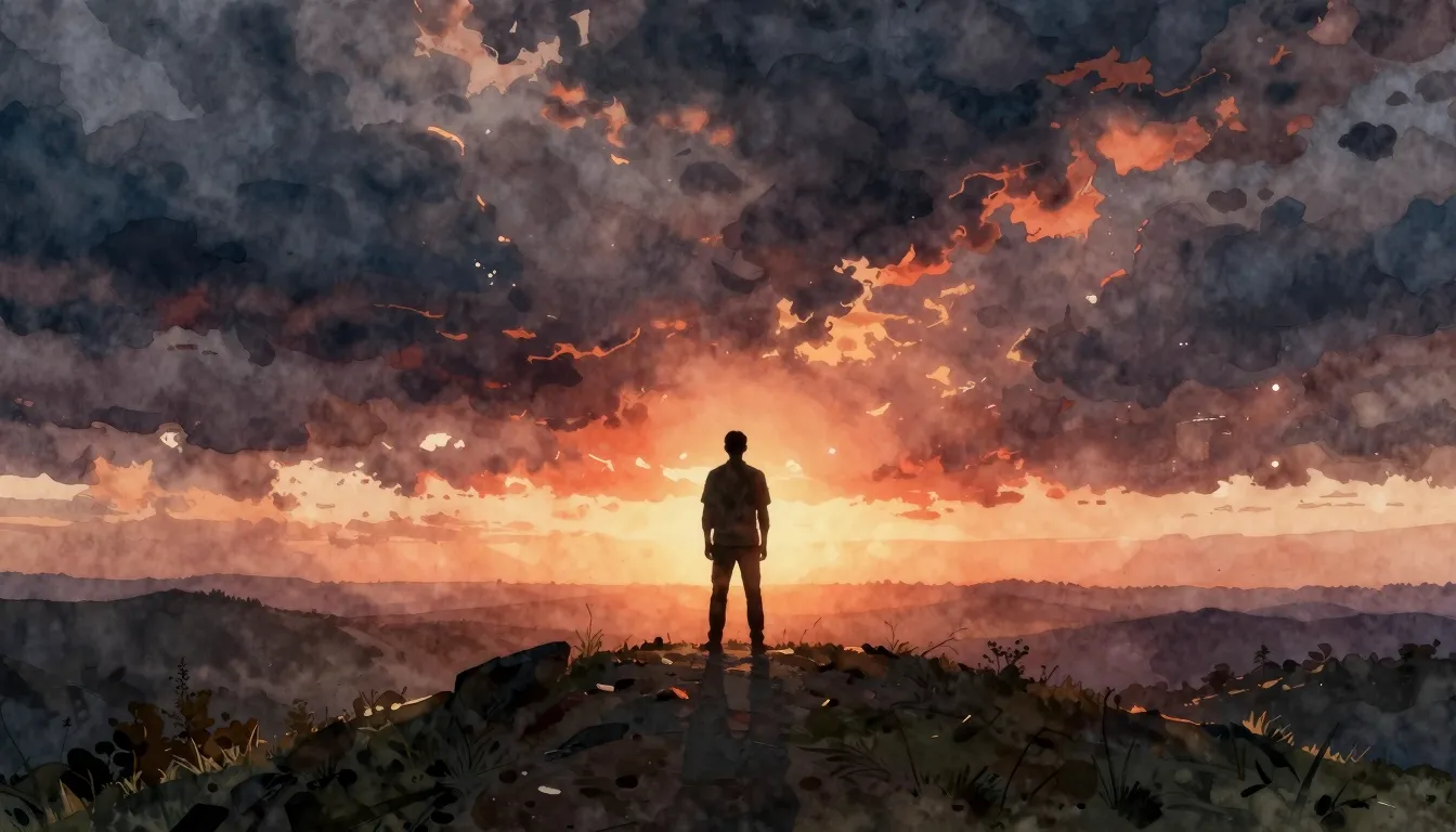 Watercolor style. Silhouette of a man standing on a high hil...