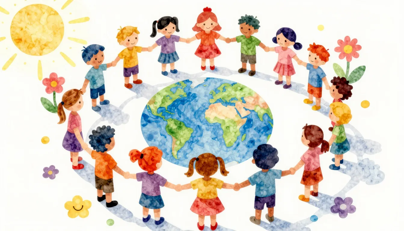 Vibrant watercolor style. A diverse group of children's silh...