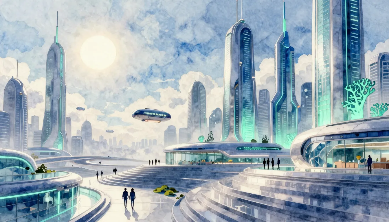 Watercolor style. Futuristic city 3000, stepped terraces, gl...