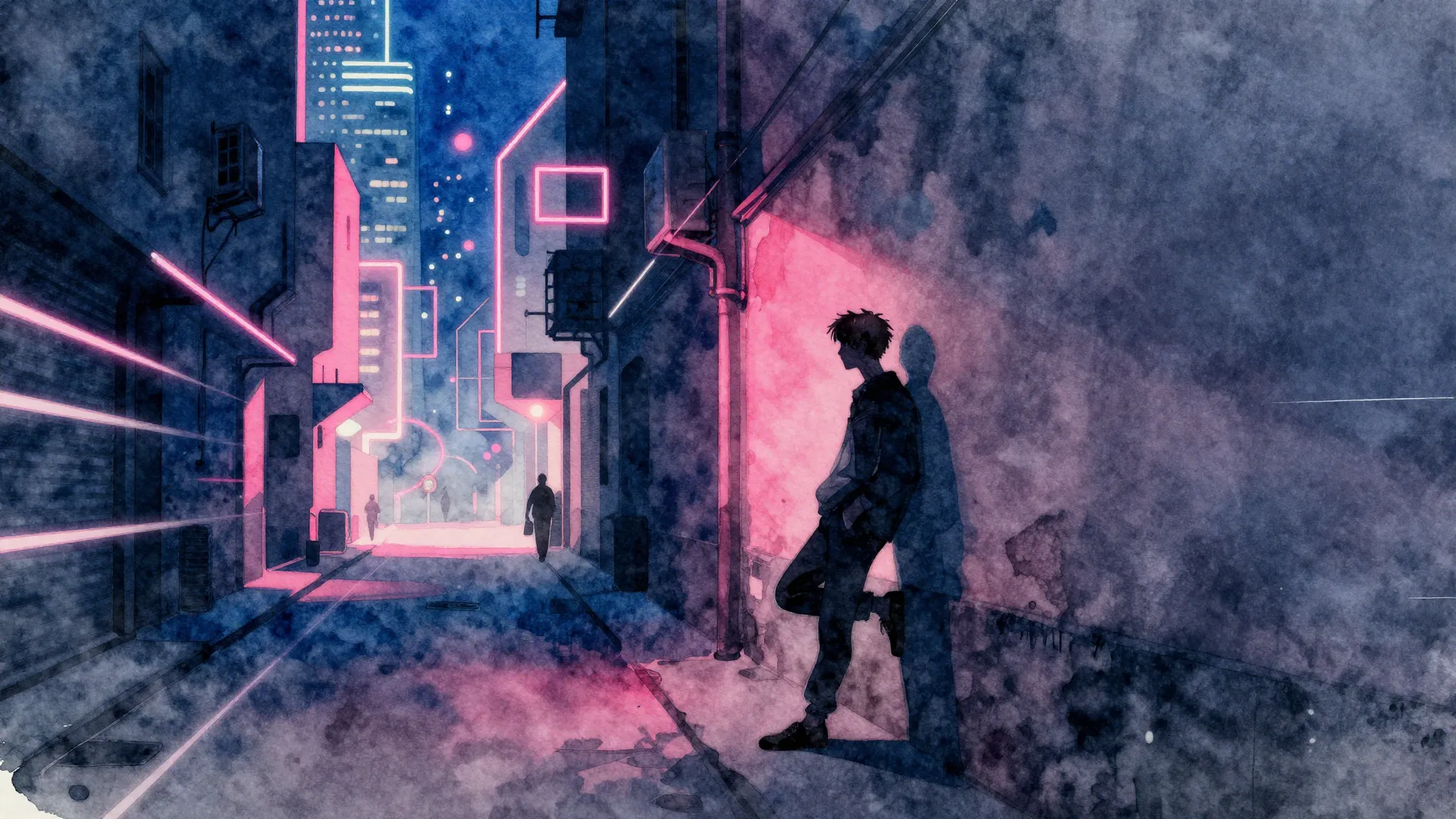 Watercolor style. Neon city lights, abstract geometric shape...
