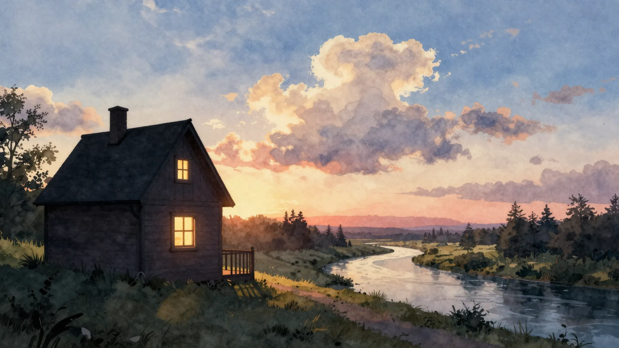 Watercolor style. Silhouette of a cozy house with a glowing ...