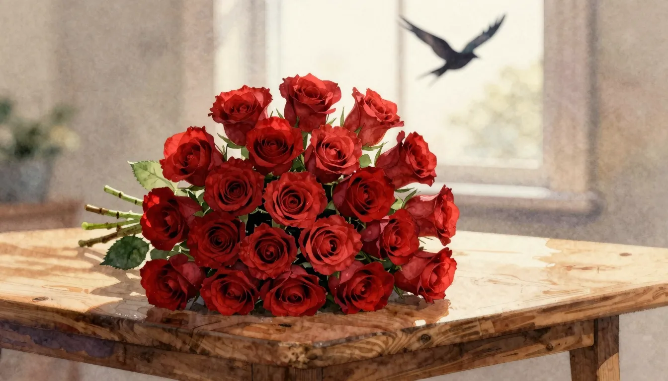 Watercolor style. A beautiful bouquet of 50 red roses on a w...