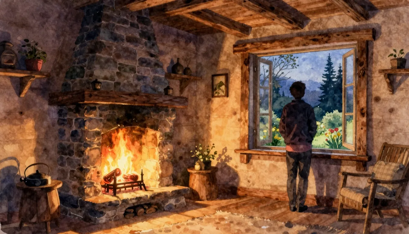 Vibrant watercolor style. A cozy, warm-lit rustic wooden hom...
