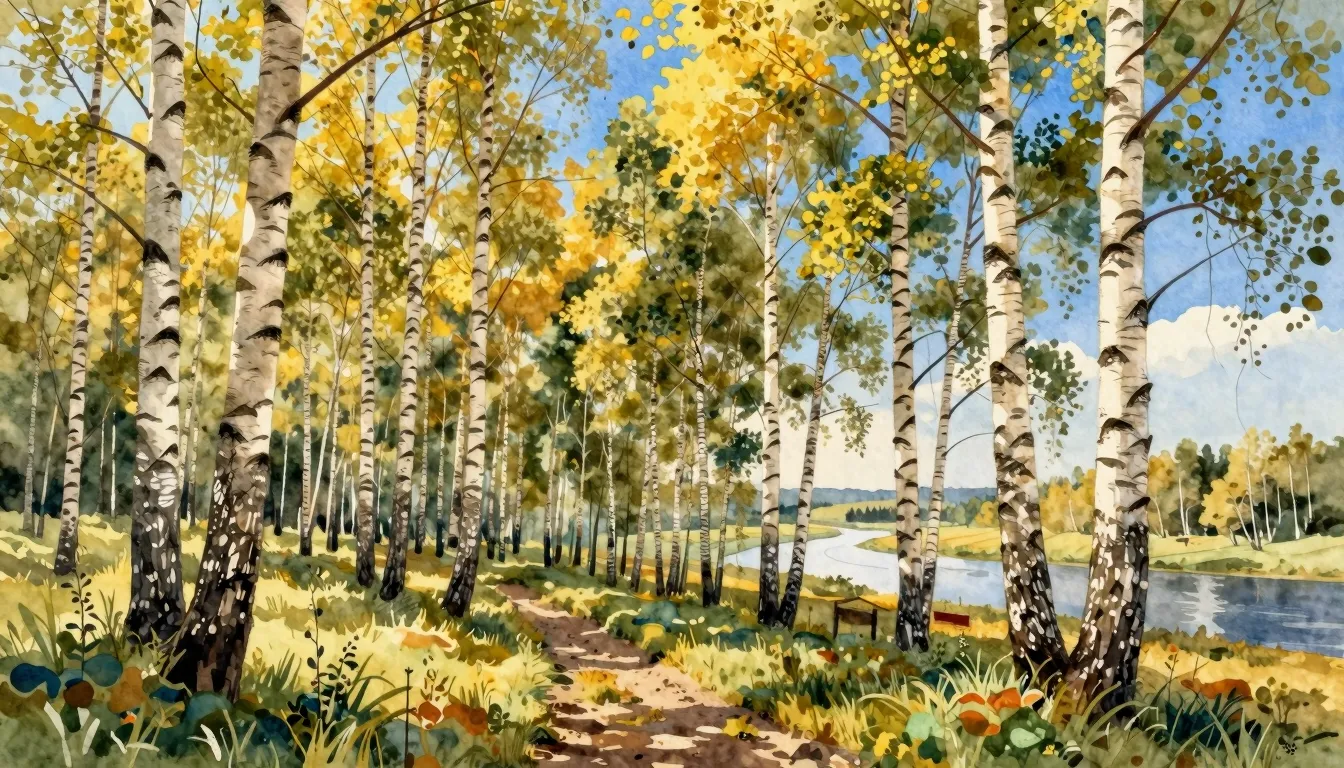 Watercolor style. A beautiful landscape of a vast birch fore...