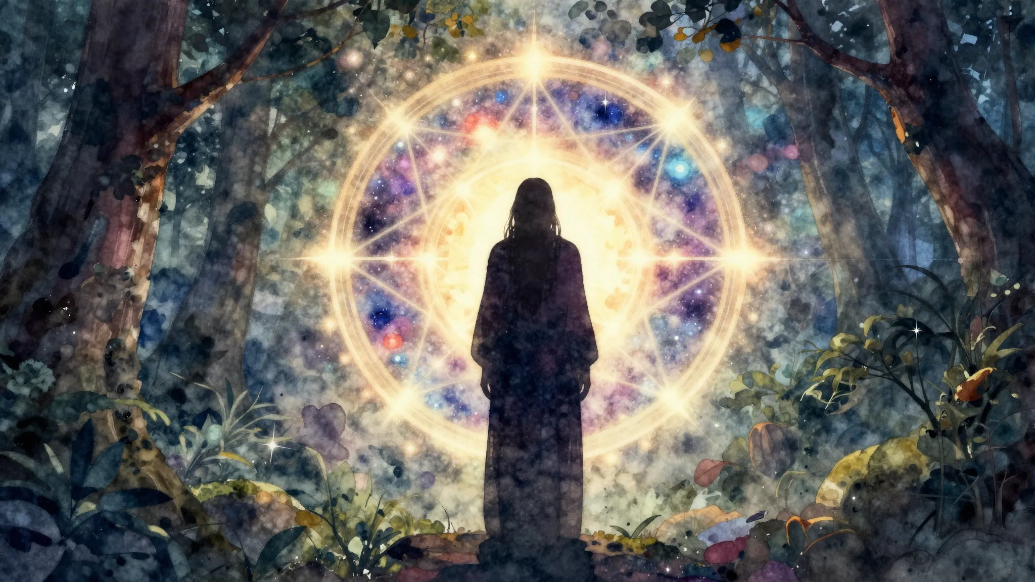 Vibrant watercolor style. Mystical folk album cover, a dark ...