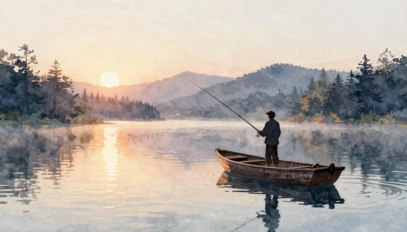 Watercolor style. A serene lake at sunrise, a silhouette of ...
