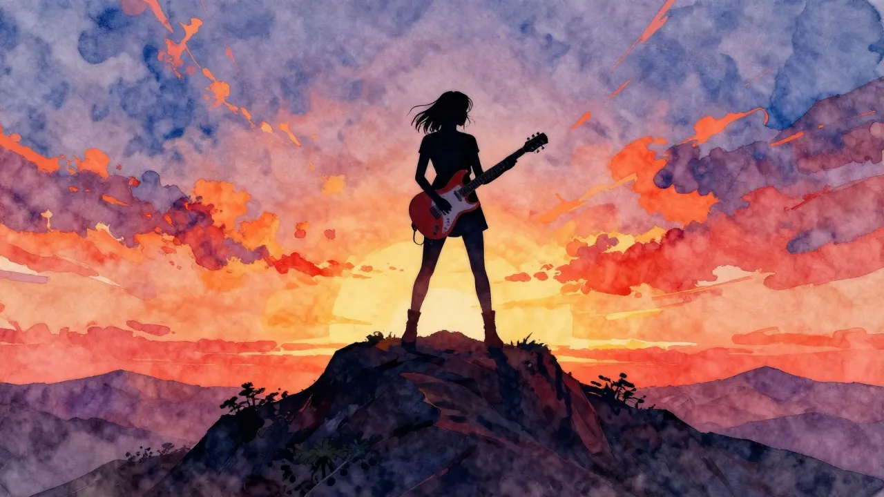 Vibrant watercolor style. Rock music album cover, a silhouet...
