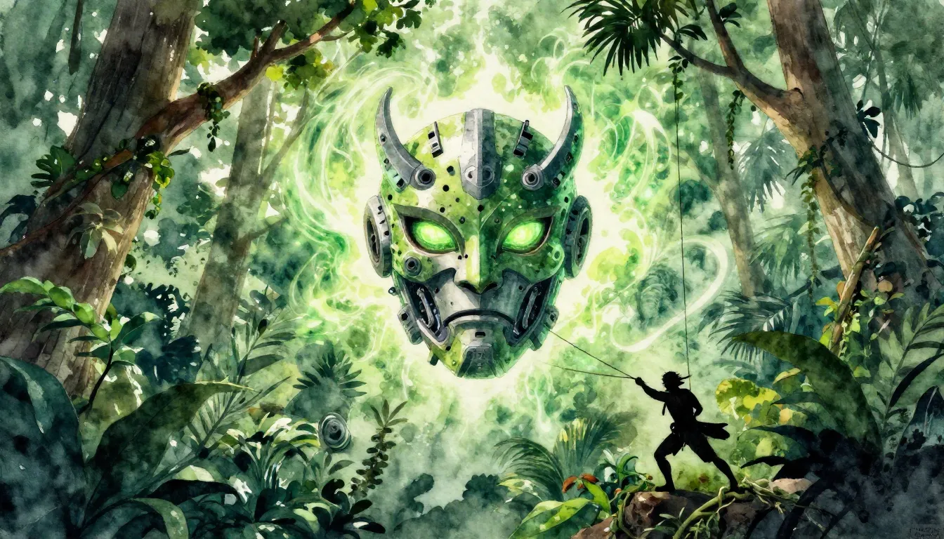 Watercolor style. Green jungle canopy, high treetops, wind s...