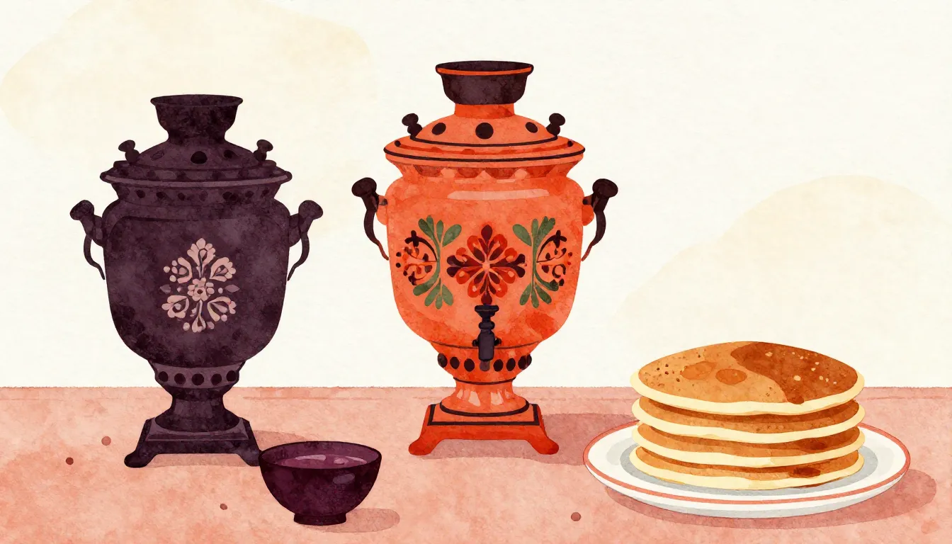 Watercolor style. Silhouettes of a samovar and pancakes on a...