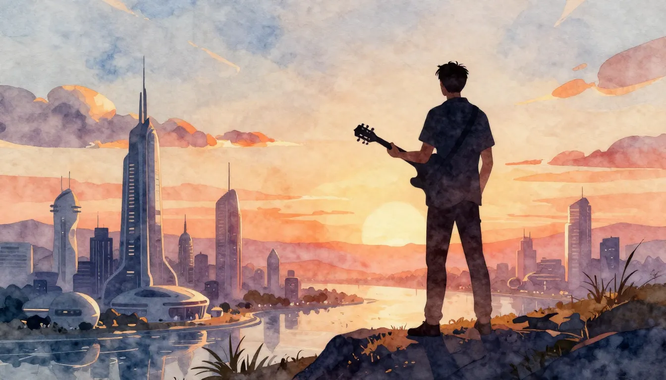 Watercolor style. A silhouette of a man standing on a hill o...