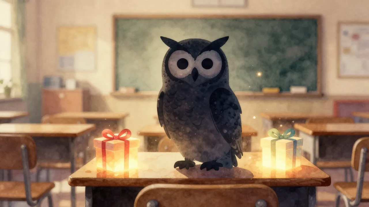 Watercolor style. Silhouette of a wise owl sitting on a desk...