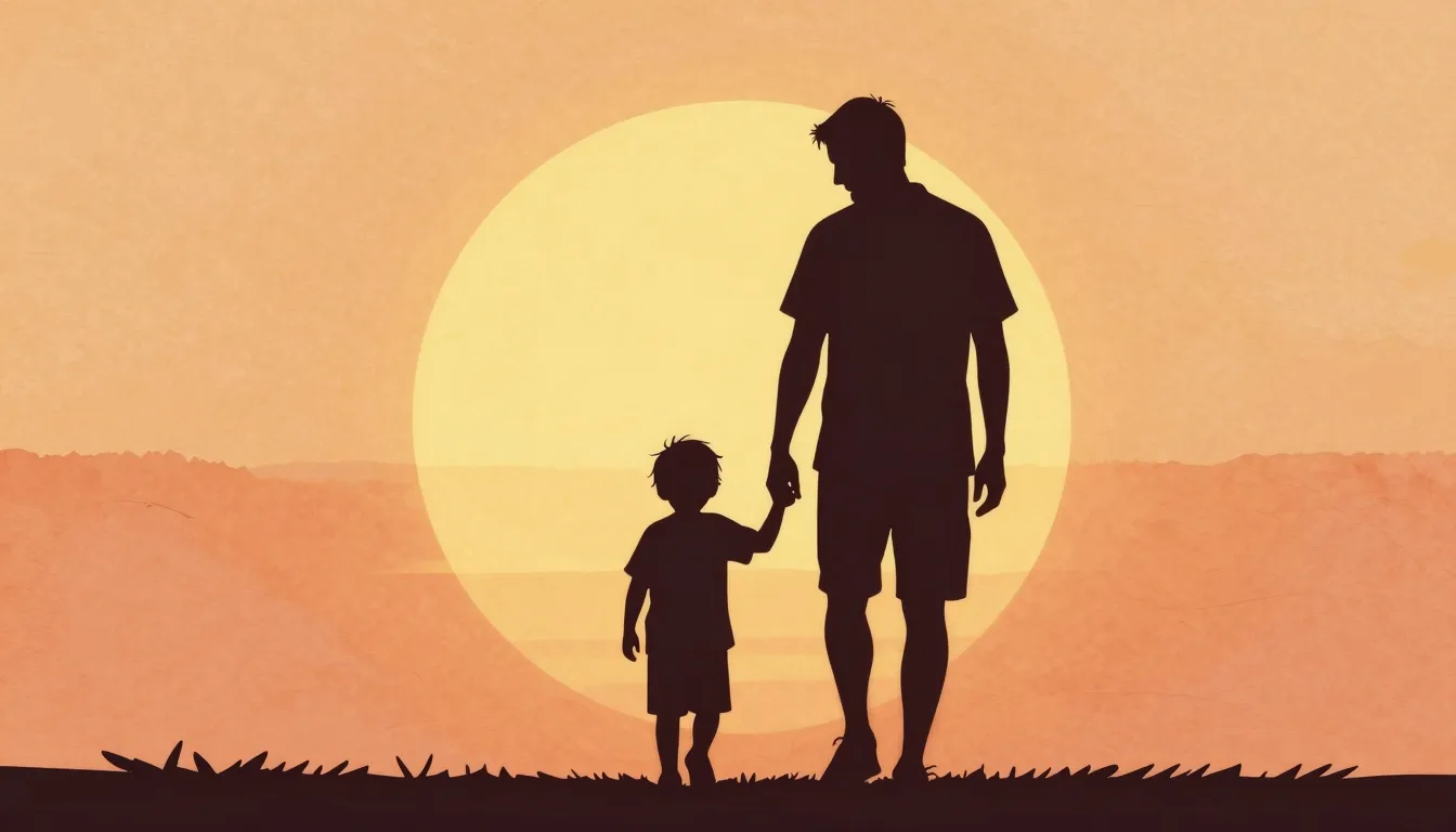 Watercolor style. Silhouette of a father and a little son ho...