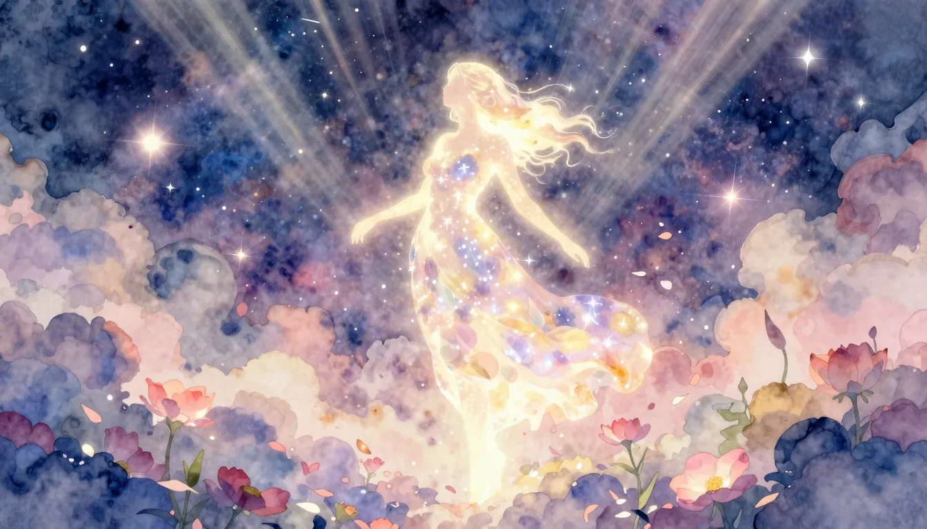 Vibrant watercolor style. A glowing ethereal silhouette of a...