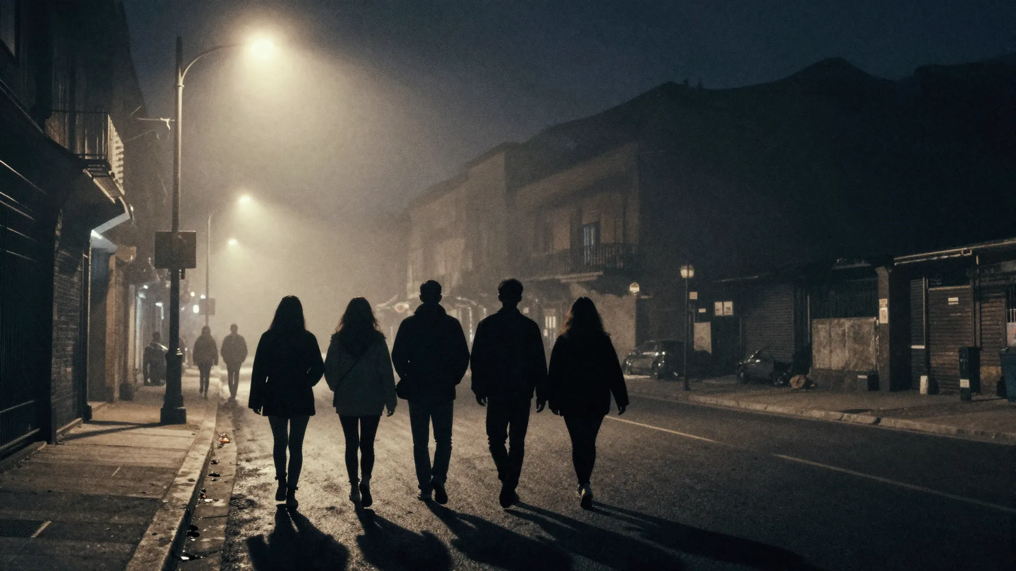 Watercolor style. Dark city streets at night, glowing street...