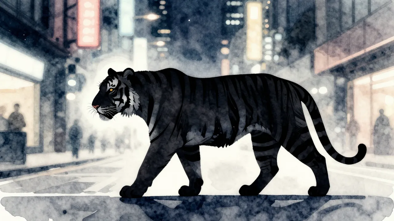 Watercolor style. A silhouette of a graceful tiger walking t...