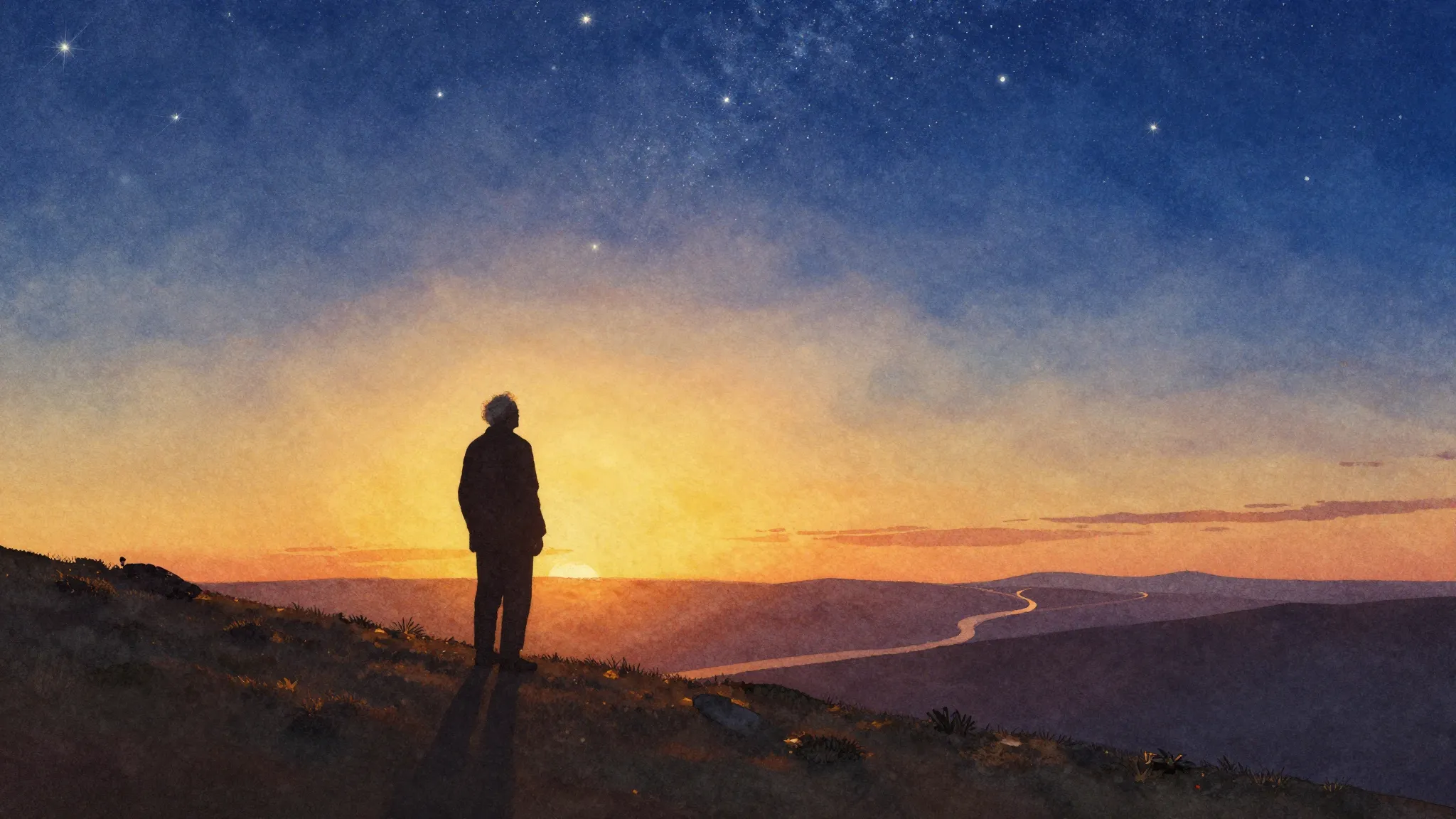 Vibrant watercolor style. A silhouette of an elderly person ...